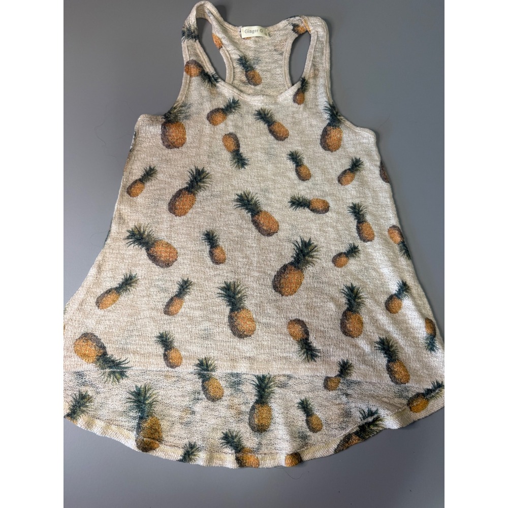 Ginger G Womens Pineapple Print Racerback Tank Top High Low Hem Beige Small